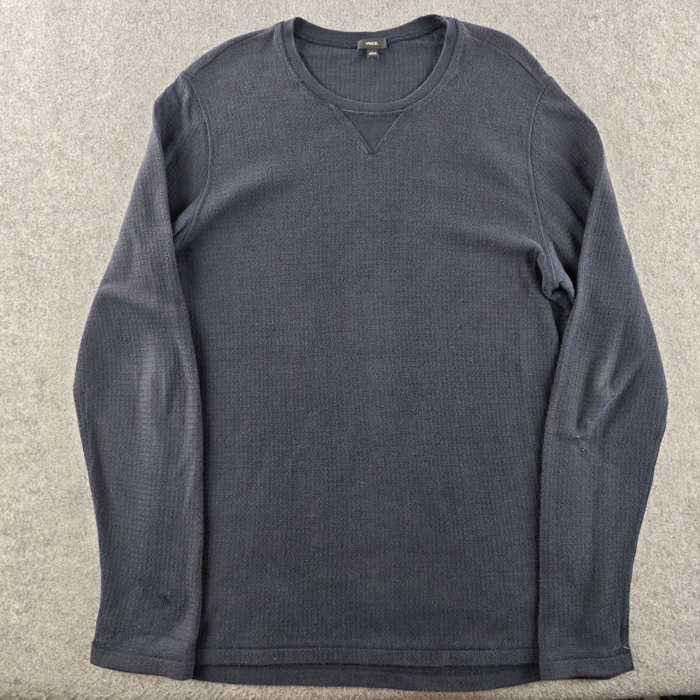 Vince Waffle Knit Thermal Long Sleeve Crew Neck T-Shirt Mens Large Navy Blue
